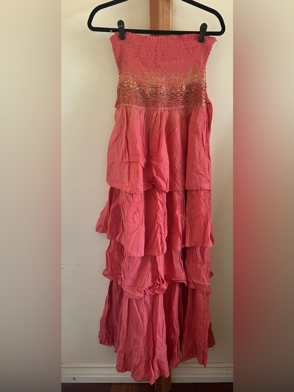 Strapless Tiered Maxi Dress in Coral with Metallic Smocked Waist